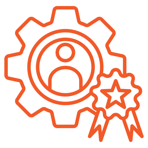 A red and orange icon of a person inside a gear