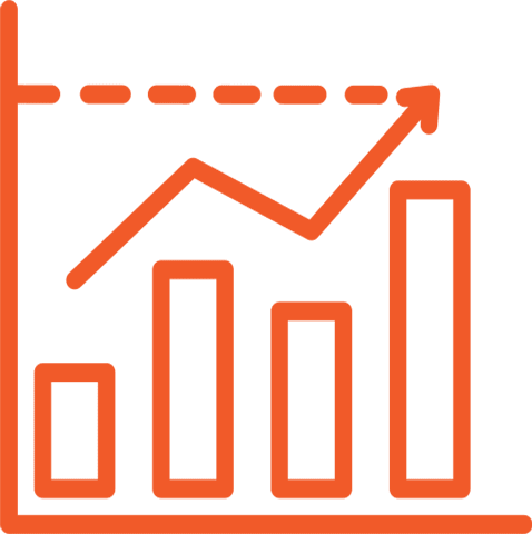 A green and orange graph with an arrow going up.