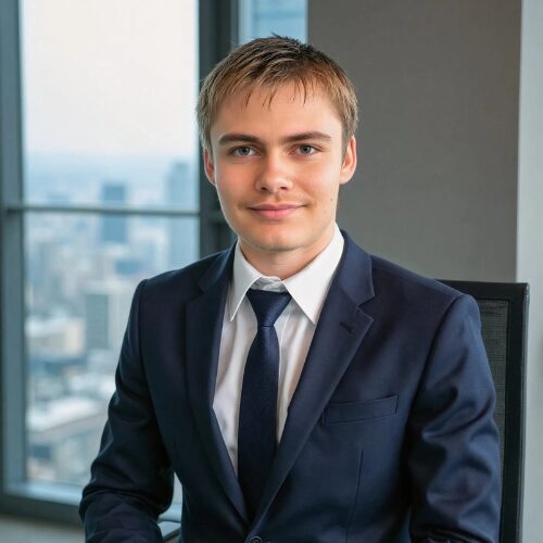 Young professional in navy suit seated by window